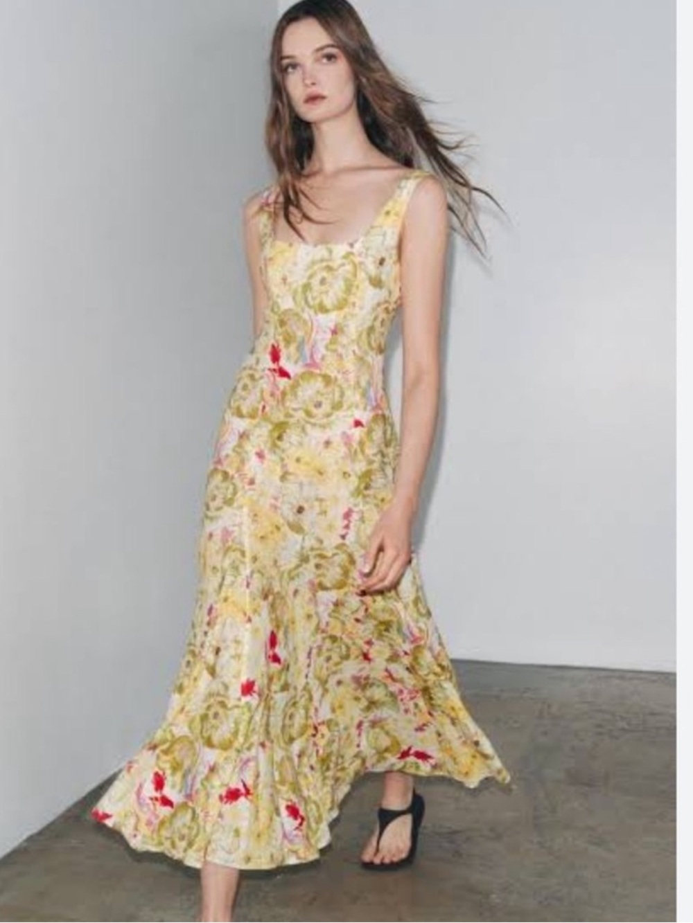 NWT Zara Linen Blend Yellow Dress ZW Collection Floral Wedding Guest M - Picture 2 of 16